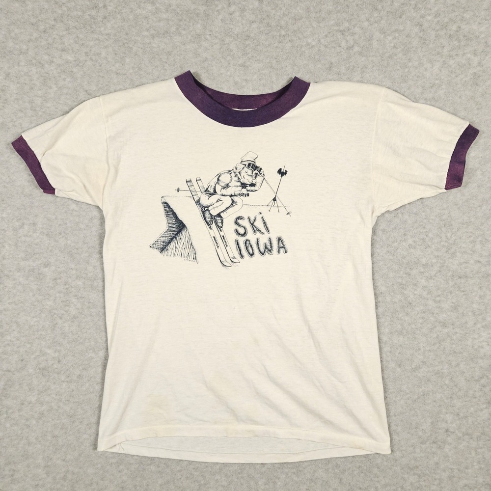 Vintage Ski Iowa Men's Large White Ringer Tee 80s Graphic T-Shirt Pig Paper Thin